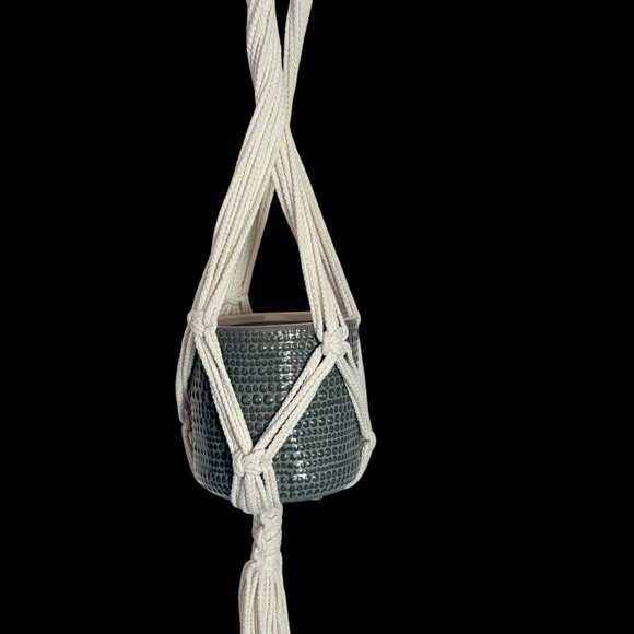 Handmade White Macramé Plant Hanger With Gray Ceramic Pot Boho Hippie Fairy - Picture 5 of 15